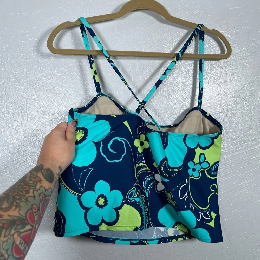 Vintage Catalina Girls XL Blue Green Floral Board Short Tankini Set Coconut Girl